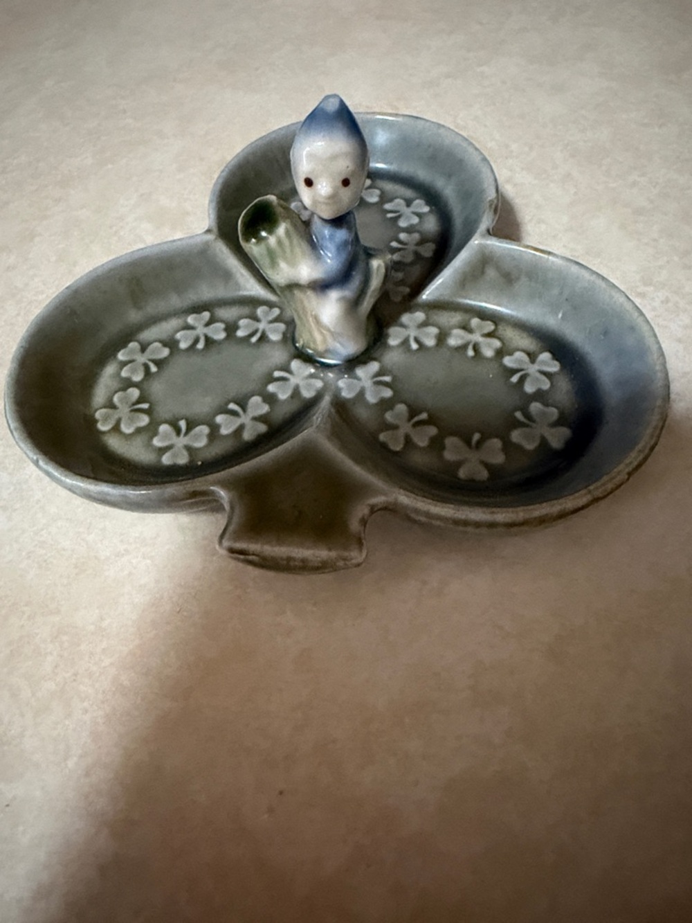 Ceramic Clover Trinket Tray with Figurine in Blue-Green Glaze